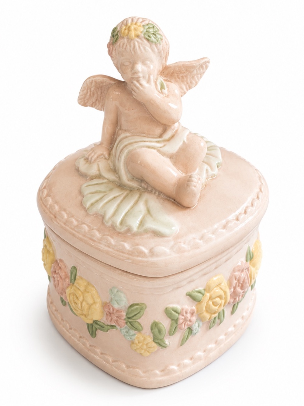 Vintage Pink Ceramic Cherub Heart Trinket Jewelry Box Floral